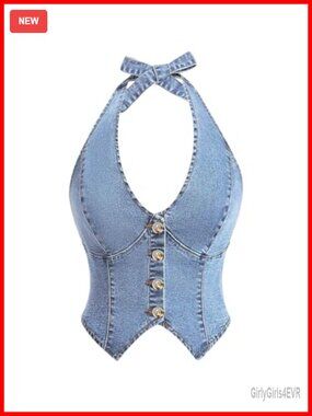 WDIRARA Halter Neck Denim Top Button Down Sleeveless Tie Back Plus Size